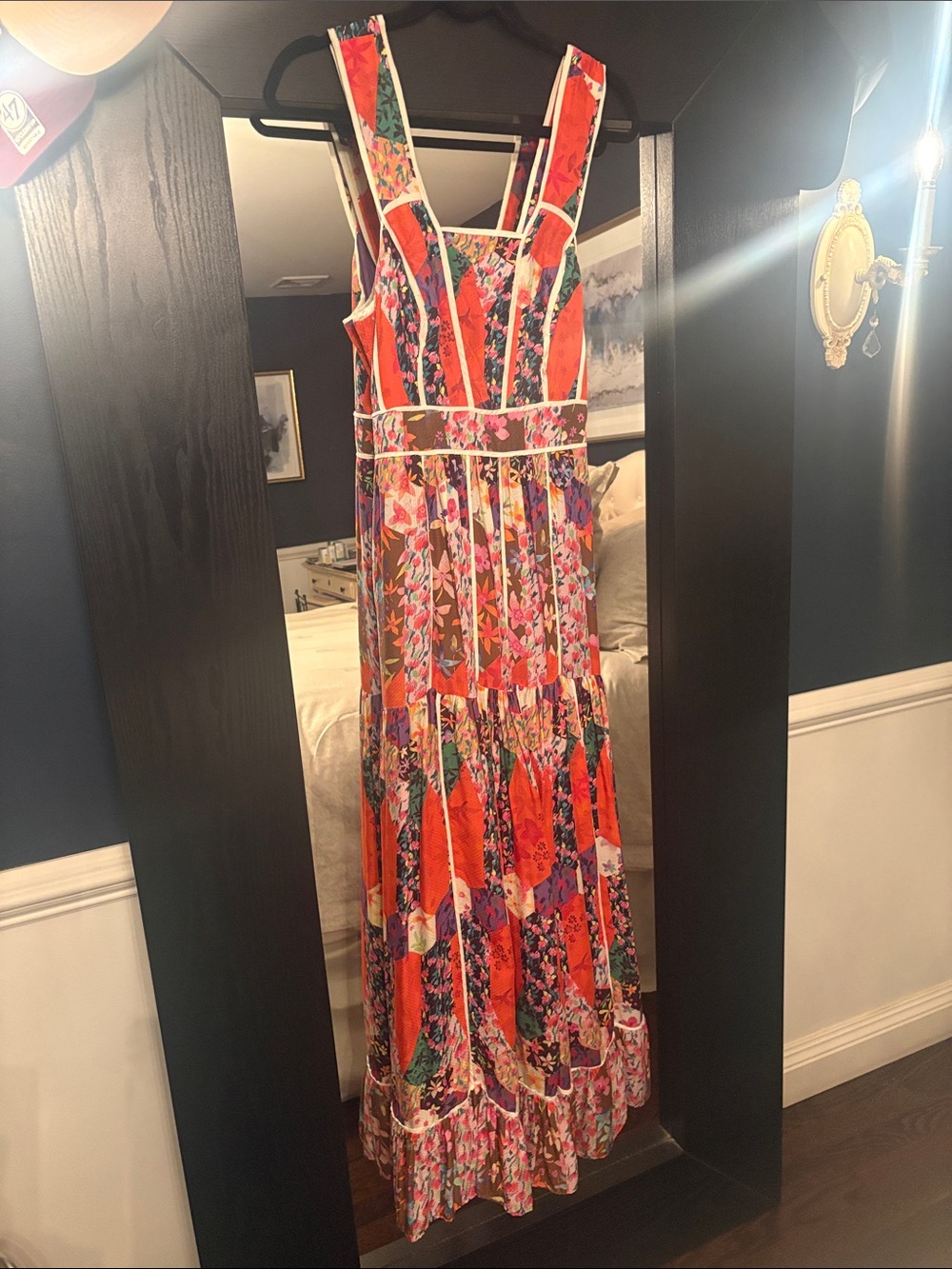 Anthropologie Orange Multi Floral Patchwork Maxi Dress with White Trim Size 0